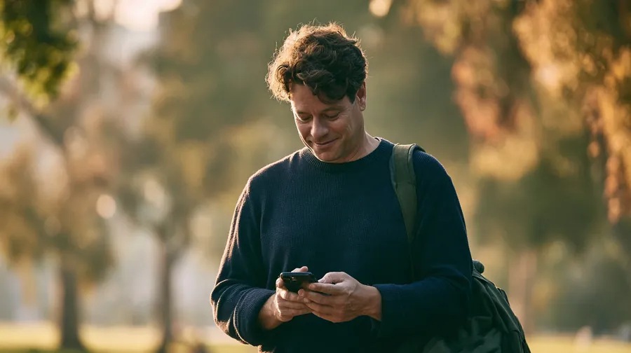 American man checking his credit progress on his phone during a walk