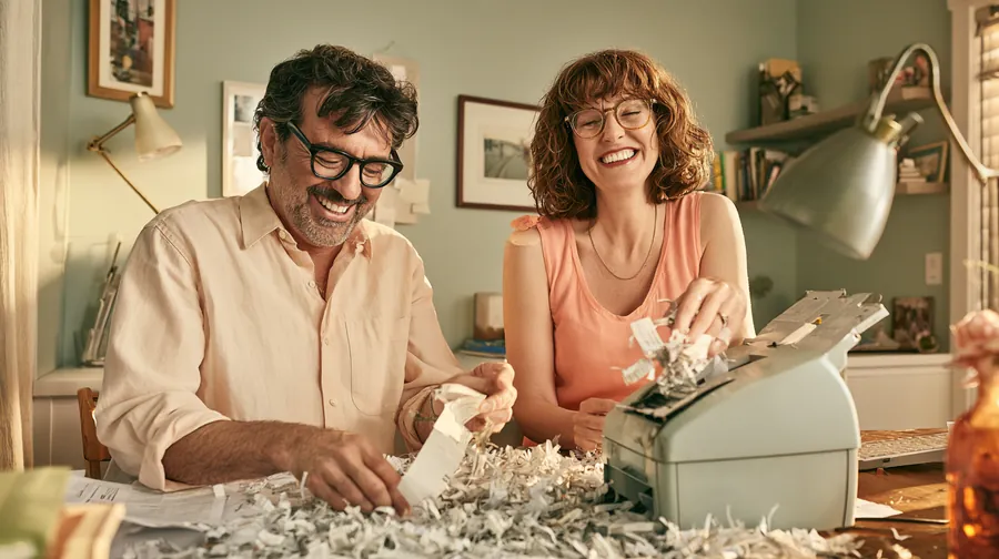 American couple shredding paid-off statements together at their desk