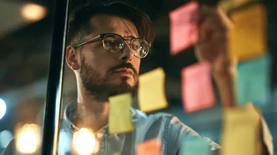 American man planning a personal loan budget with sticky notes on a glass wall