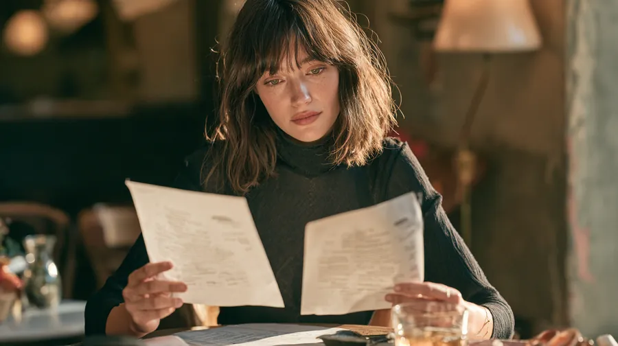 American woman comparing two personal loan offer letters at a cafe