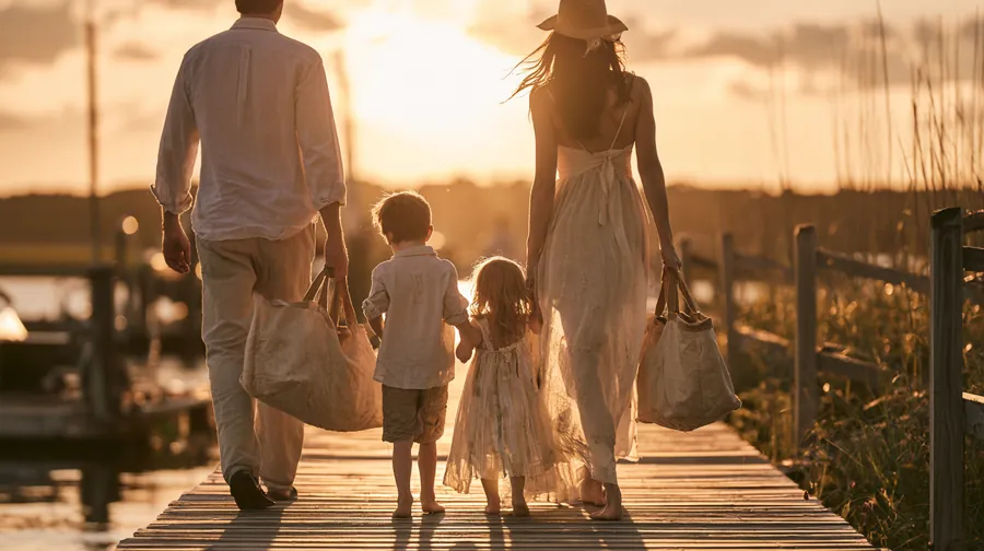 American family carrying bags along a boardwalk at sunset before a planned trip
