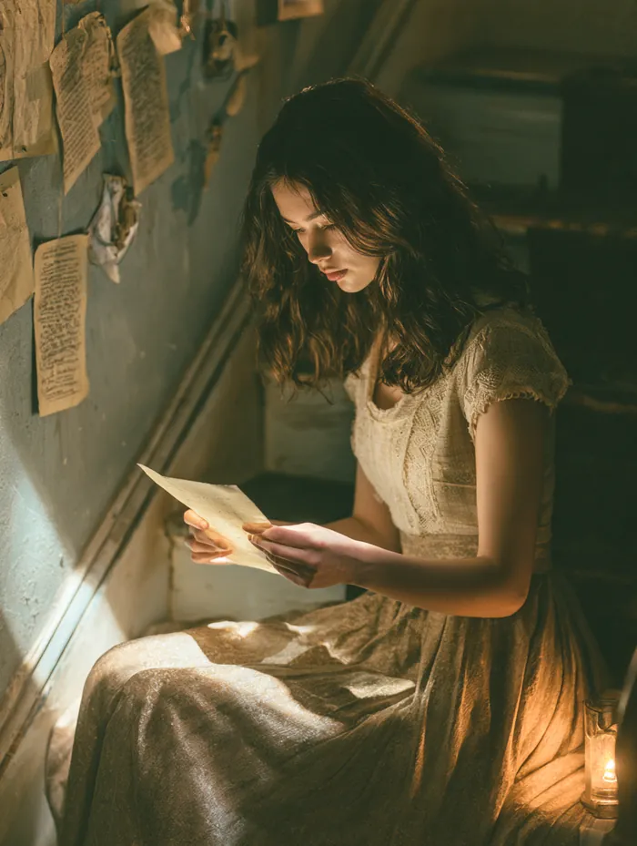 American woman reading a possible loan approval letter on her apartment staircase