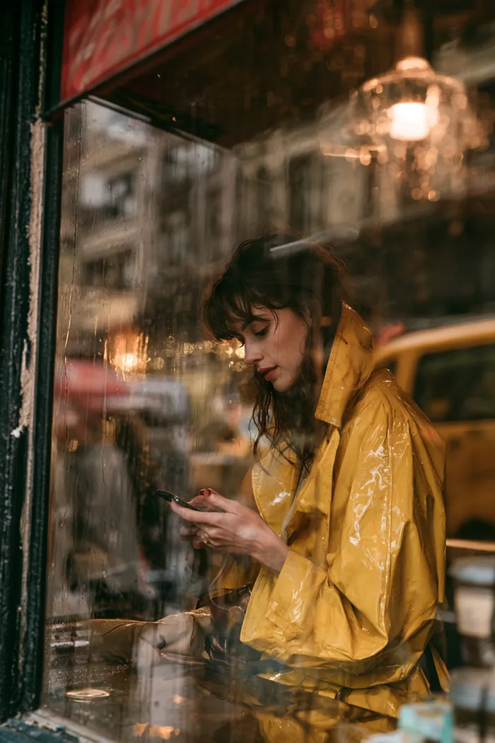 American traveler in a yellow raincoat checking a trip budget note at a coastal overlook