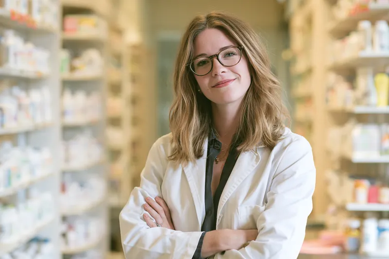 American pharmacist in a white coat beside prescription shelves