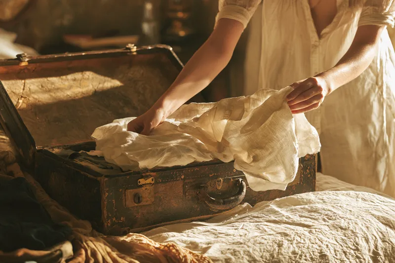 Open vintage suitcase packed on a bed before a trip financed with a personal loan
