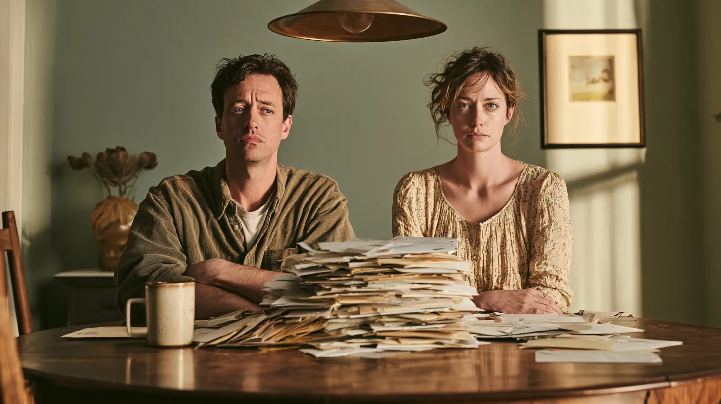 American couple gathering bill envelopes into one stack at a dining table