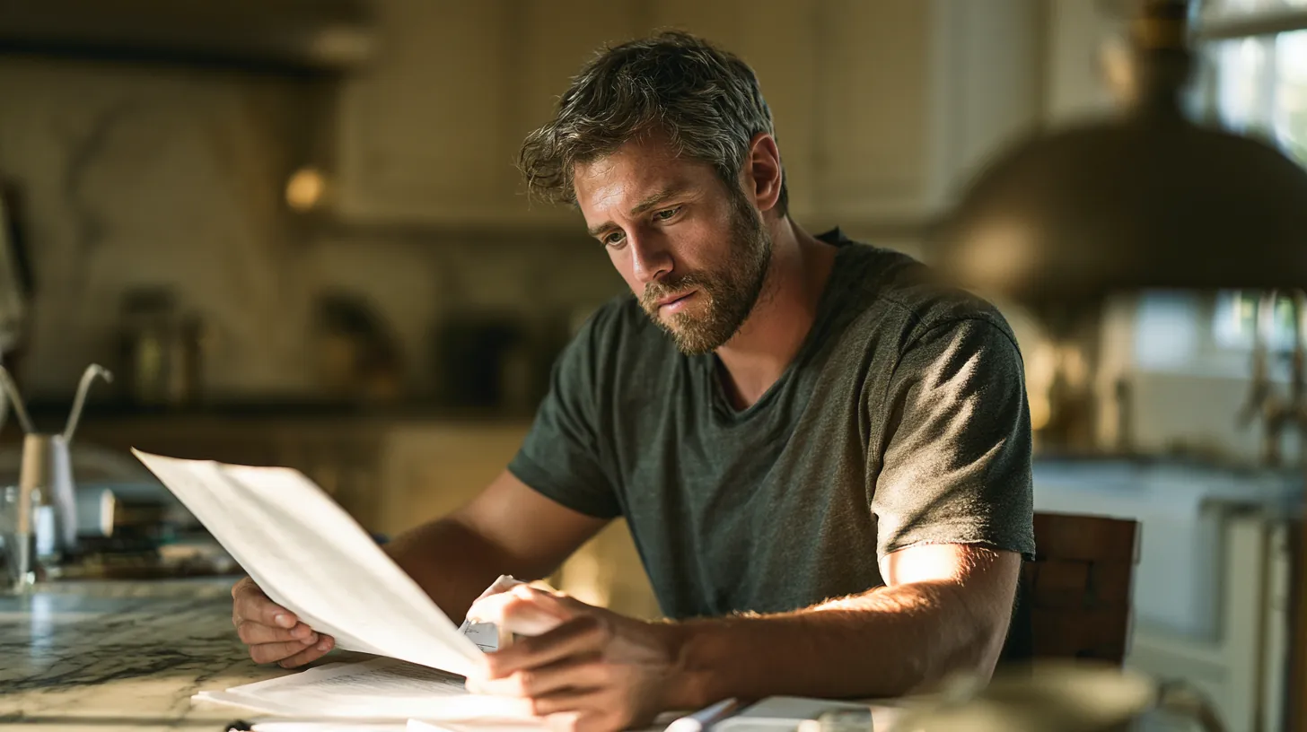 Young American man reading a personal loan document at a kitchen counter